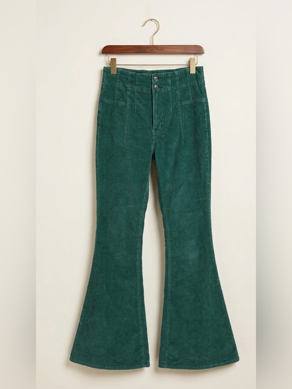 We The Free People Green Corduroy High Rise Flare Pants Size 31 Boho 70s